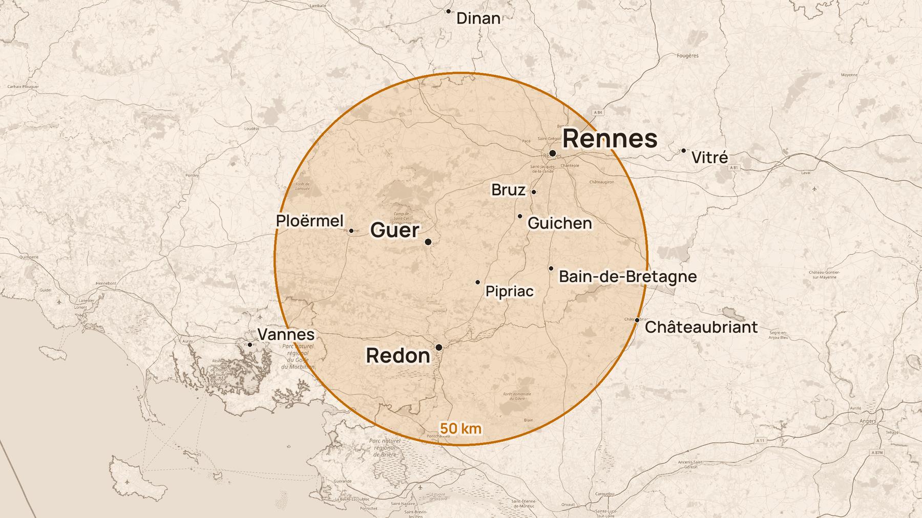 Carte du secteur d'intervention : un cercle de 50 km autour de l'atelier de Saint-Séglin englobe Rennes, Bruz, Guichen, Bain-de-Bretagne, Pipriac, Redon, Guer et Ploërmel