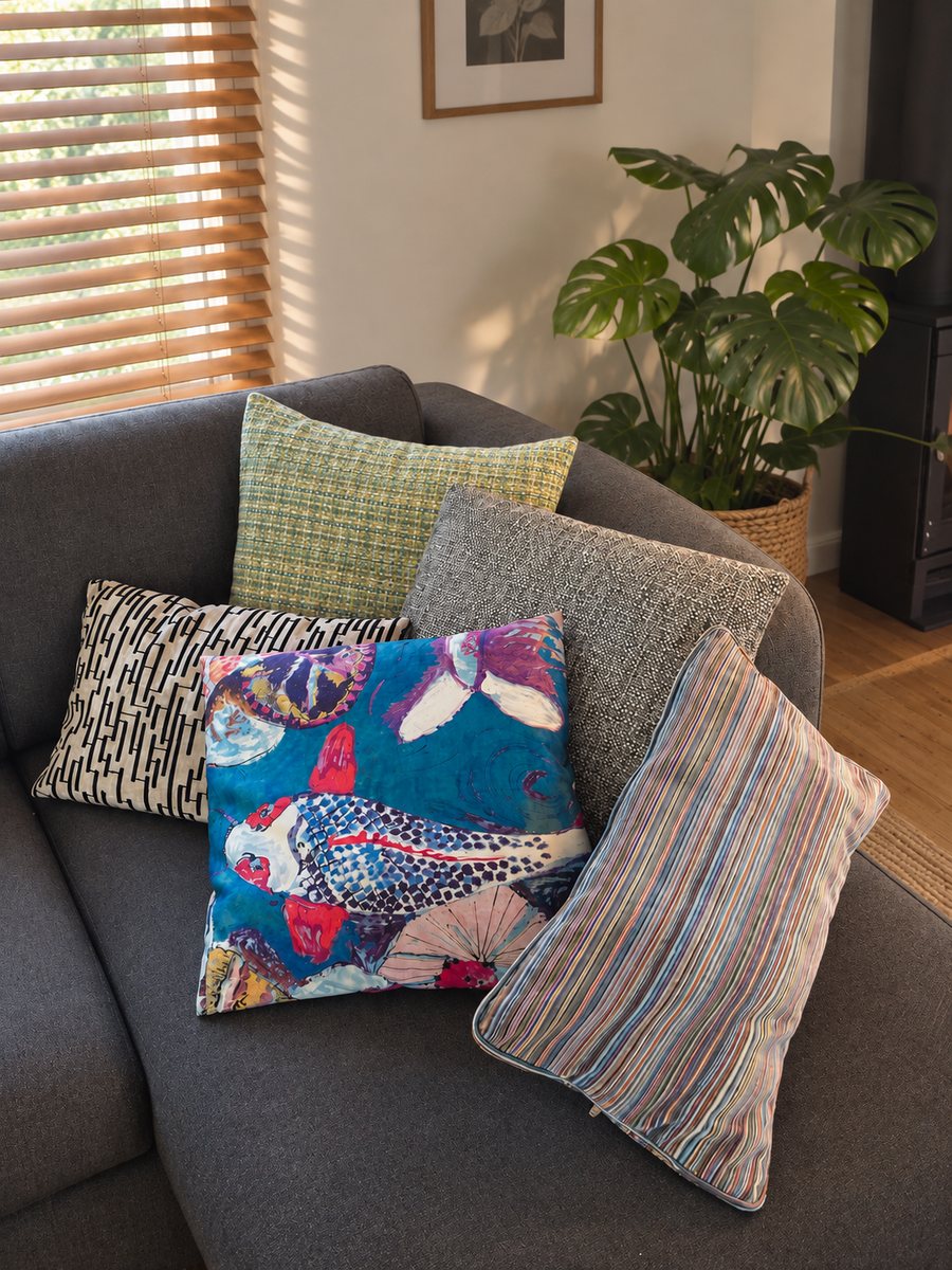Coussins de tissus variés posés sur un canapé